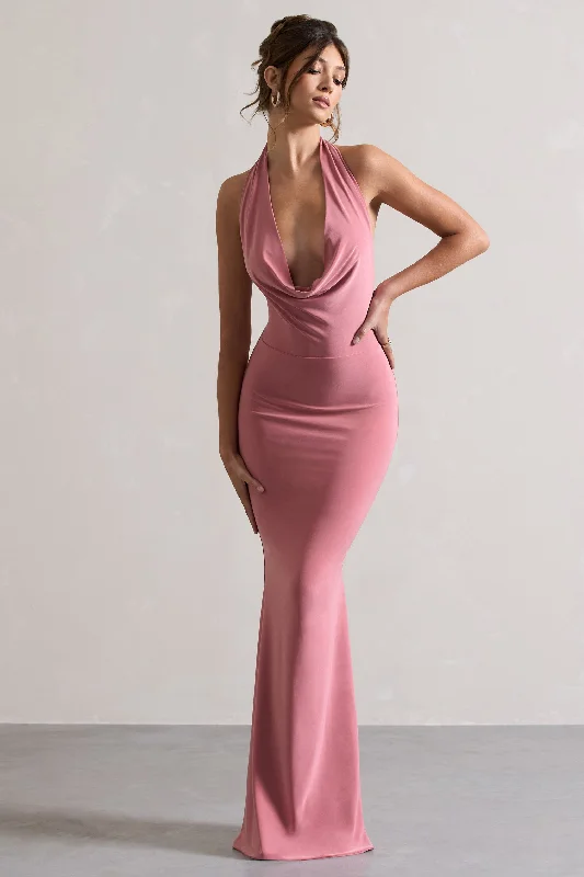 ladies-maxi-dress-sapphire-sweep-Milani | Pink Backless Cowl Neck Fishtail Maxi Dress