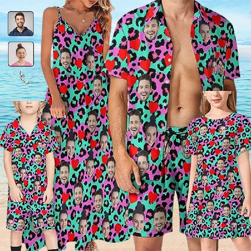 Women's shirt dress cut pop -Family Hawaiian Dress Set Cruise Outfit Custom Face Leopard Heart Hawaiian Shirt Set&Dress