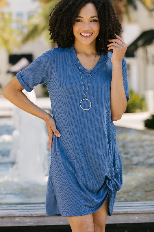 Women's shirt dress spark pop -Off To A Good Start Marina Blue Ribbed T-shirt Dress