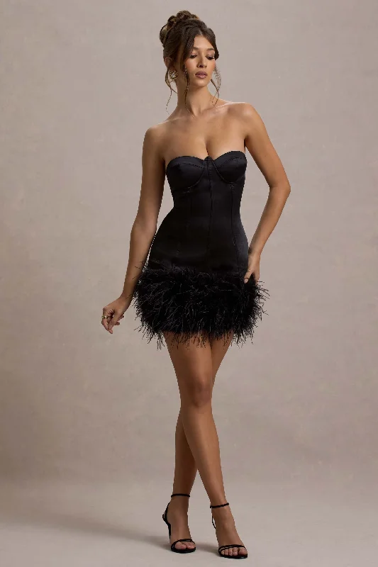 Women's mini dress pull chic -Vampira | Black Satin Corset Feather Mini Dress