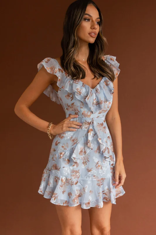 ladies-floral-dress-matte-mimosa-Flower Child Frill V-Neckline Dress Floral Blue