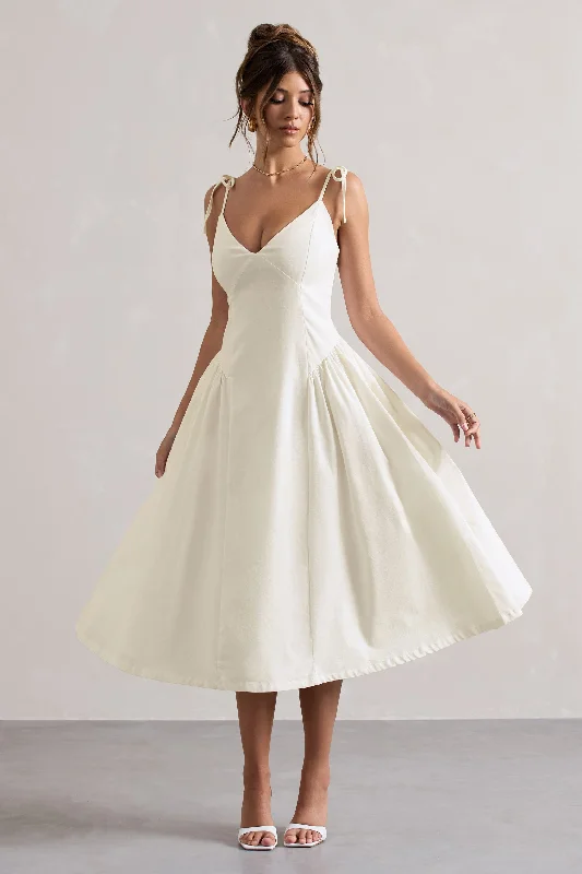 ladies-midi-dress-padded-prance-Breathless | Cream Linen Strappy V-Neck Pleated Midi Dress