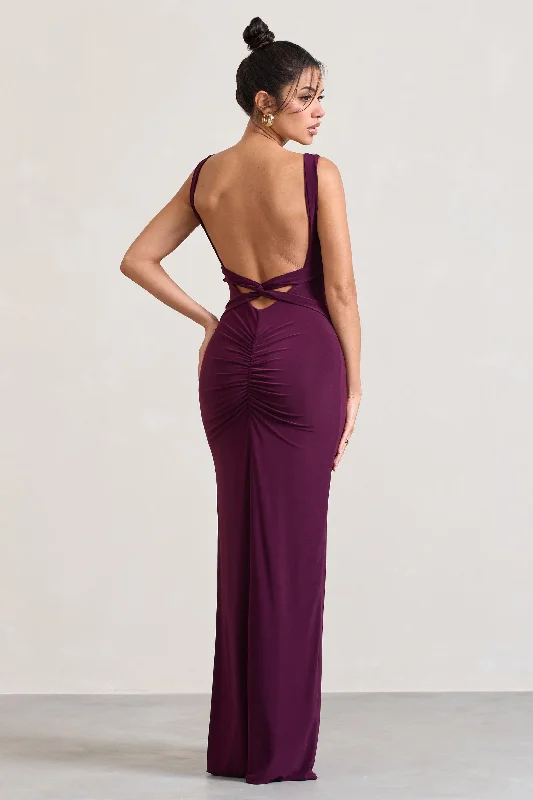 ladies-maxi-dress-runway-rush-Elle | Plum Square-Neck Open-Back Split Maxi Dress