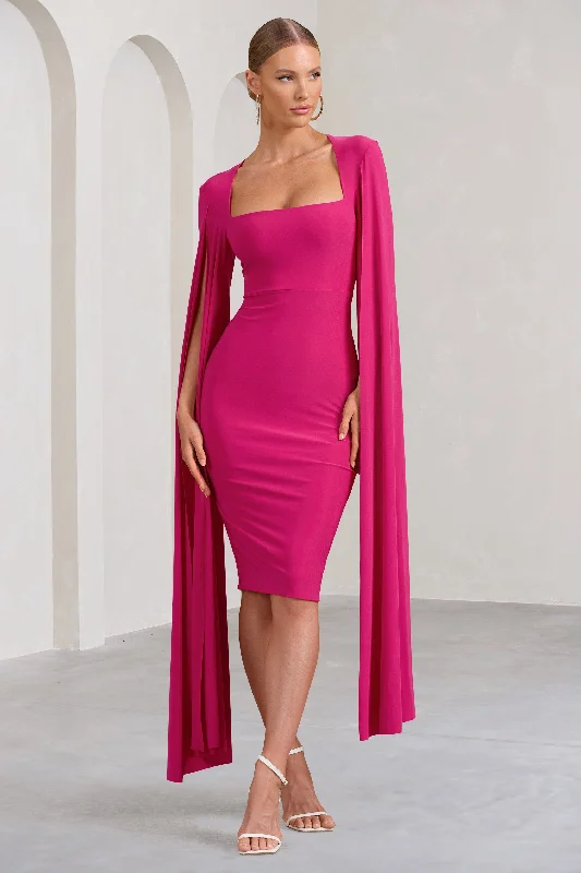 ladies-midi-dress-petite-poise-Flawless | Hot Pink Square Neck Midi Dress With Cape Sleeves