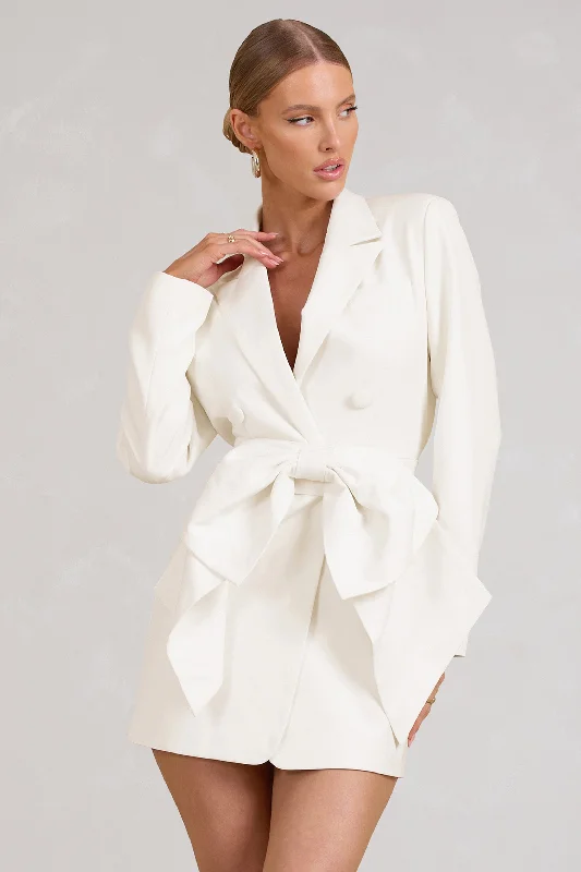 Women's mini dress egg flair -Prized | White Tailored Blazer Mini Dress With Bow