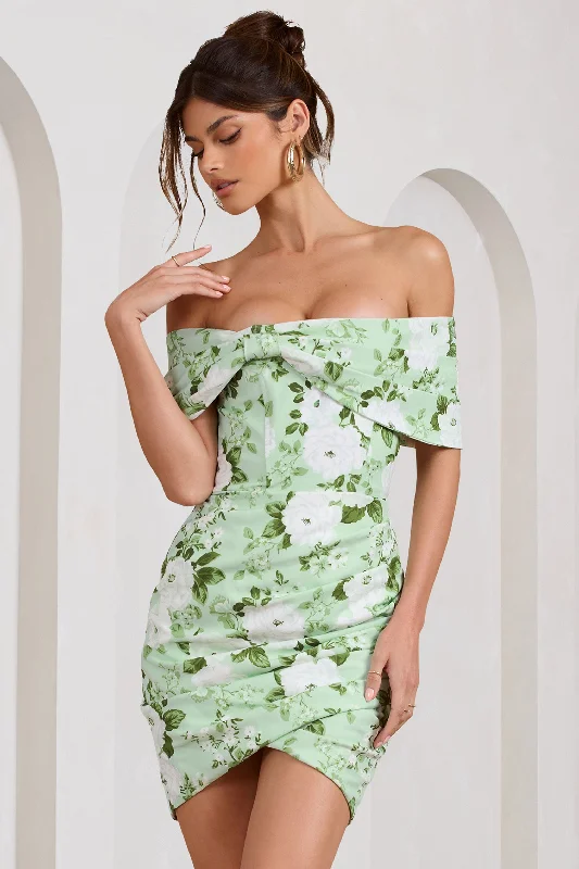 Women's mini dress blush vibe -Snowdrop | White & Green Floral Print Wrap Mini Dress