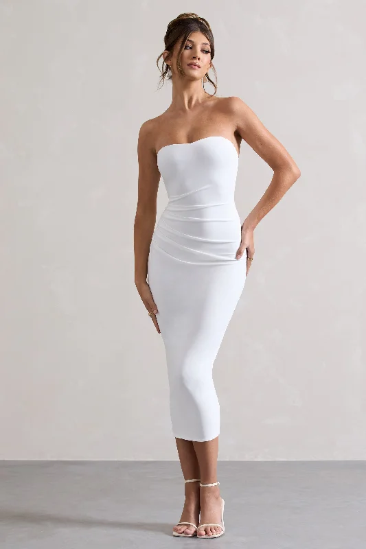 ladies-midi-dress-velvet-vogue-East End | White Strapless Gathered Midi Dress