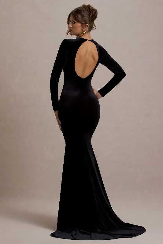 ladies-maxi-dress-silk-sway-Keaton | Black Velvet Long-Sleeve Open-Back Maxi Dress