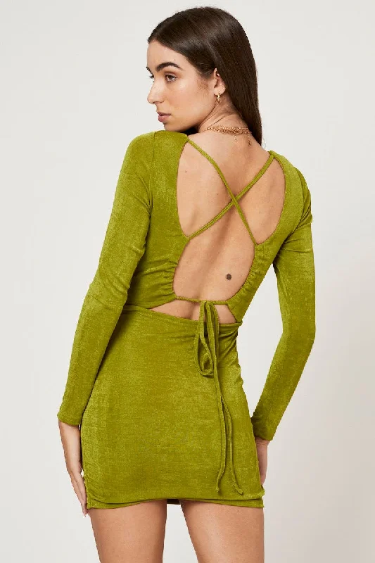 ladies-bodycon-dress-edgy-excite-Green Strappy Tie Back Ruched Slinky Jersey Bodycon Dress