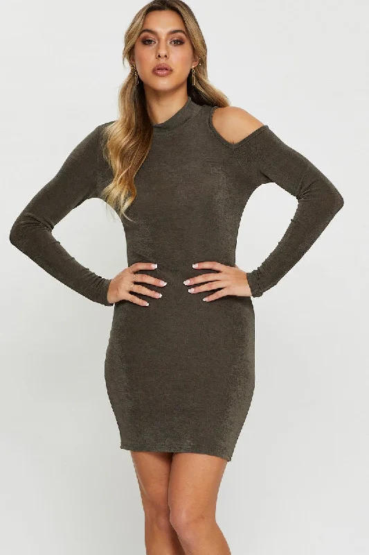 ladies-bodycon-dress-social-sleek-Green Long Sleeve Bodycon Dress