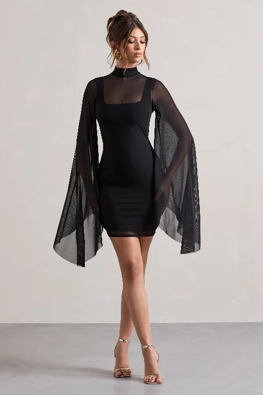 Women's mini dress fresh pop -Jenny | Black Mesh High-Neck Cape-Sleeve Mini Dress