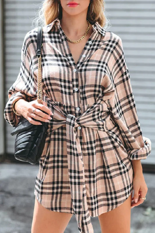 Women's shirt dress loose flair -LOVE IS LIFE PLAID TIE FRONT SHIRT MINI DRESS - 2 COLORS