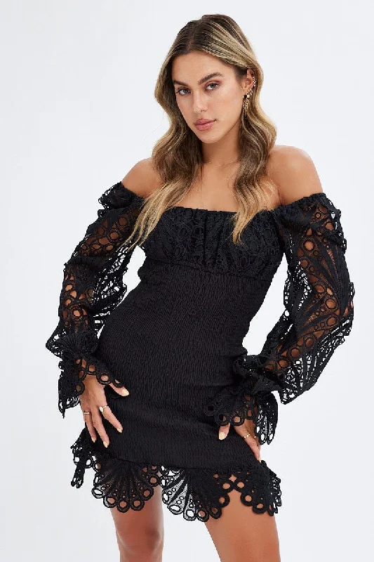 ladies-bodycon-dress-velvet-vamp-Black Embroidered Sleeves Shirred Bodycon Dress