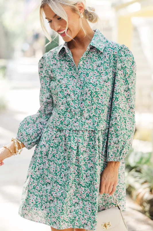 Women's shirt dress half flair -Thinking Of You Green Floral Shirt Dress