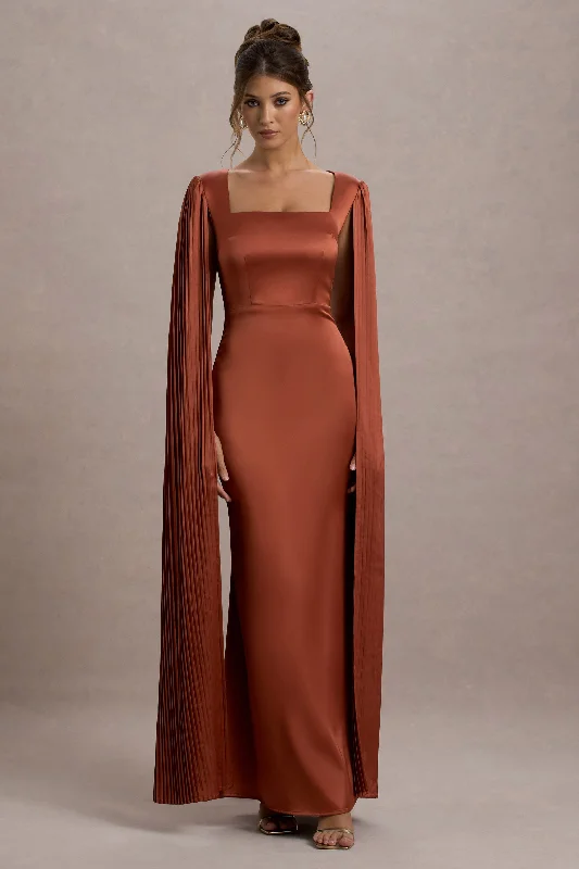 ladies-maxi-dress-amber-awe-Saloma | Rust Satin Square-Neck Maxi Dress With Cape Sleeves