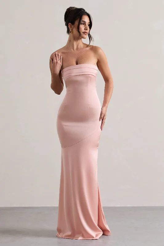 ladies-maxi-dress-green-gleam-Colada | Pink Satin Pleated Bandeau Maxi Dress