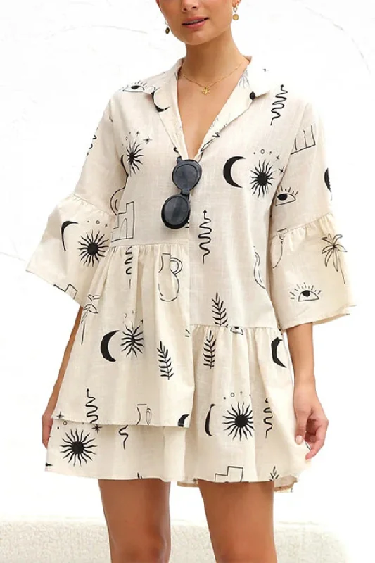 Women's shirt dress star glow -Flare Sleeves Button Down Graffiti Print Ruffle Shirt Dress