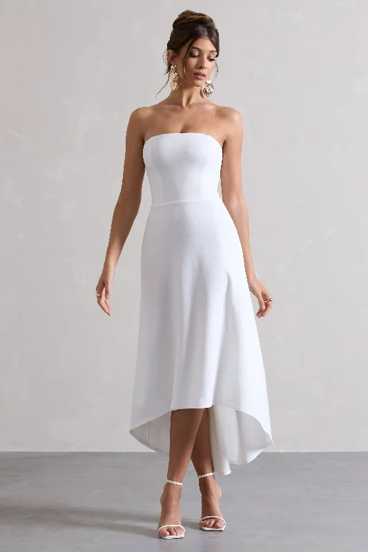 ladies-midi-dress-everyday-elegance-Ariela | White Bandeau High-Low Midi Dress