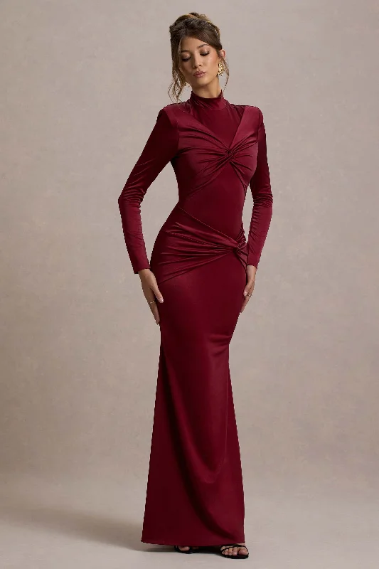 ladies-maxi-dress-salmon-sweep-Noya | Berry Long-Sleeve Ruched Maxi Dress