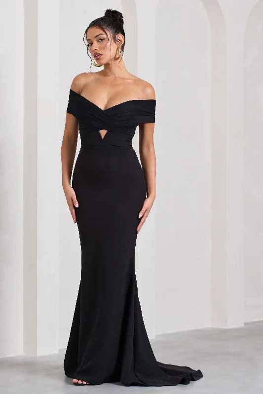 ladies-maxi-dress-puff-sleeve-pride-Inspiration | Black Sheer Bardot Fishtail Maxi Dress