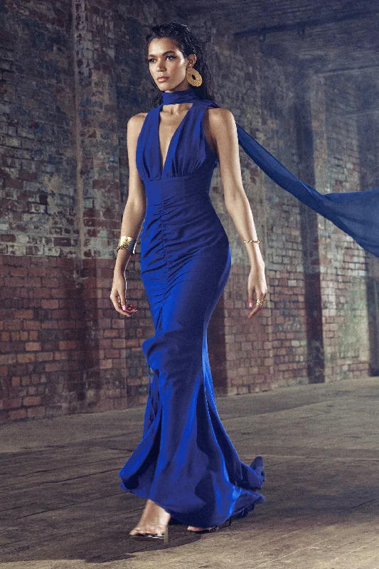 ladies-maxi-dress-beaded-beauty-Whimsical | Blue Chiffon Plunge Fishtail Maxi Dress With Scarf Design