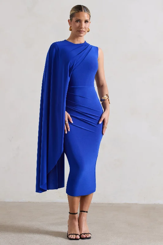 ladies-midi-dress-beaded-beauty-Reveal | Royal Blue One-Sleeve Cape Midi Dress