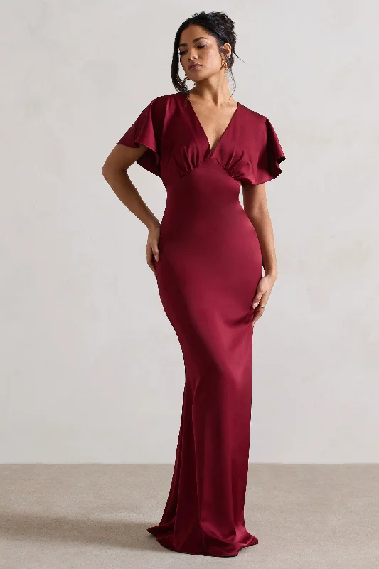 ladies-maxi-dress-casual-calm-Marisa | Berry Satin V-Neck Flutter-Sleeve Maxi Dress