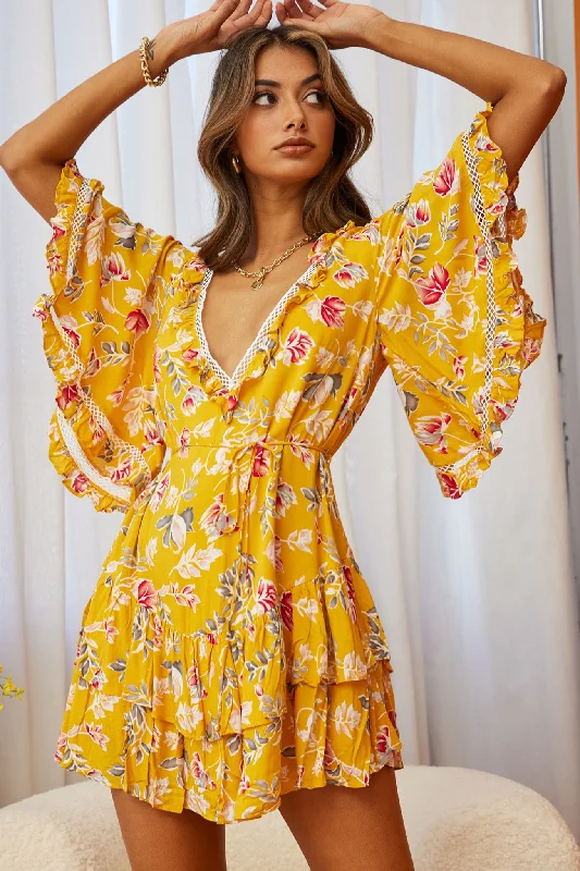 ladies-floral-dress-work-to-wildflower-Lotus Crochet Trim Angel Sleeve Dress Floral Print Mustard