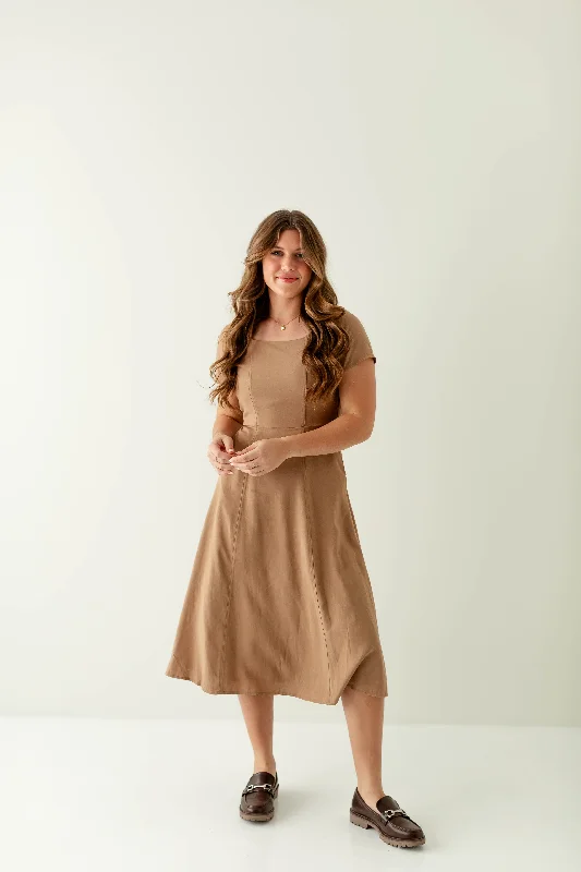 ladies-midi-dress-comfortable-charm-'Anne' Square Neck A Line Midi Dress in Mocha