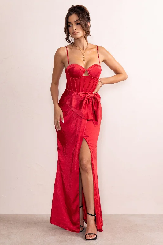 ladies-maxi-dress-solid-serenity-Odette | Red Satin Sweetheart Corset Bow Detail Maxi Dress