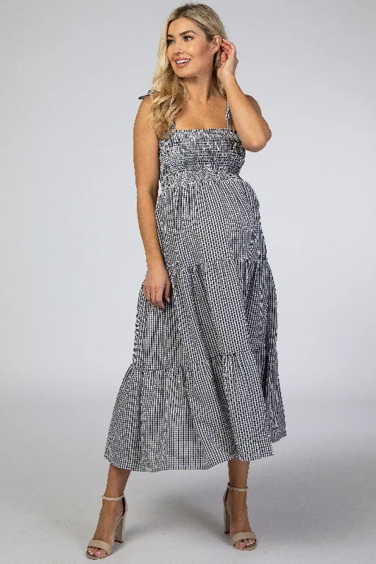 ladies-midi-dress-ochre-opulence-Black Checkered Tiered Maternity Midi Dress