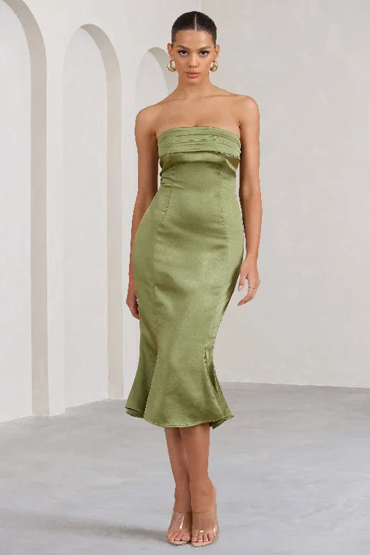 ladies-midi-dress-timeless-tide-Sauvignon | Olive Satin Bandeau Midi Dress With Cowl Back