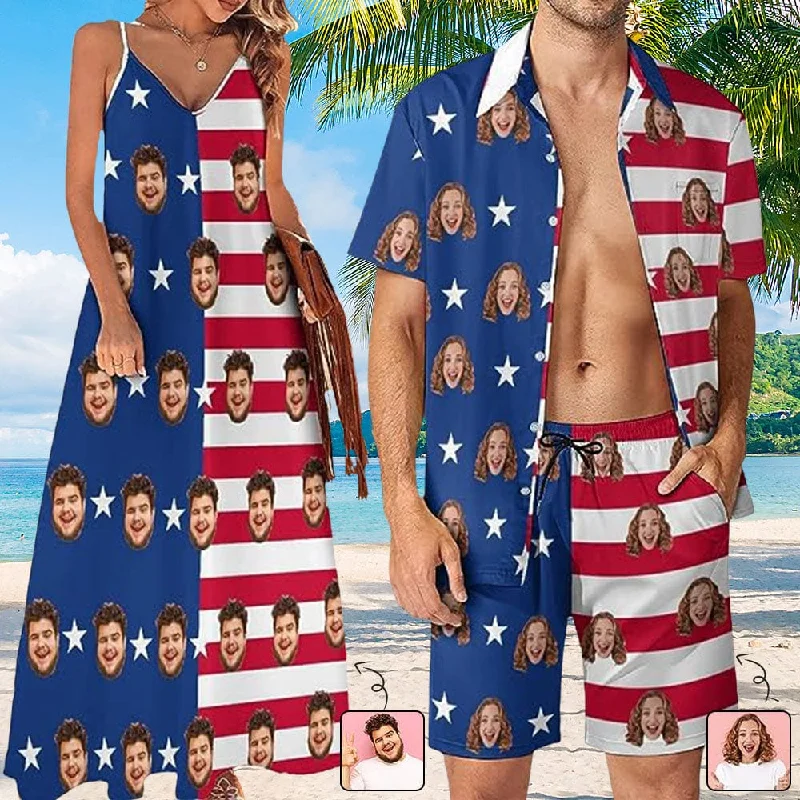 Women's shirt dress then glow -Couple Hawaiian Dress Set Cruise Outfit Custom Face American Flag Style Hawaiian Shirt Set&Dress