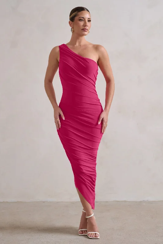 ladies-midi-dress-sunset-sway-Dorit | Hot Pink One Shoulder Asymmetric Ruched Midi Dress