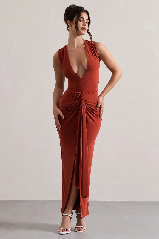 ladies-maxi-dress-dark-depth-Santana | Terracotta Plunge-Neck Split Maxi Dress With Knot Detail