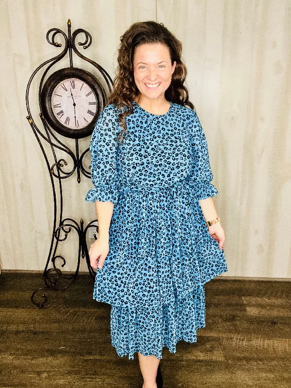 ladies-midi-dress-breathable-breeze-Teal Animal Print & Ruffle Midi Dress