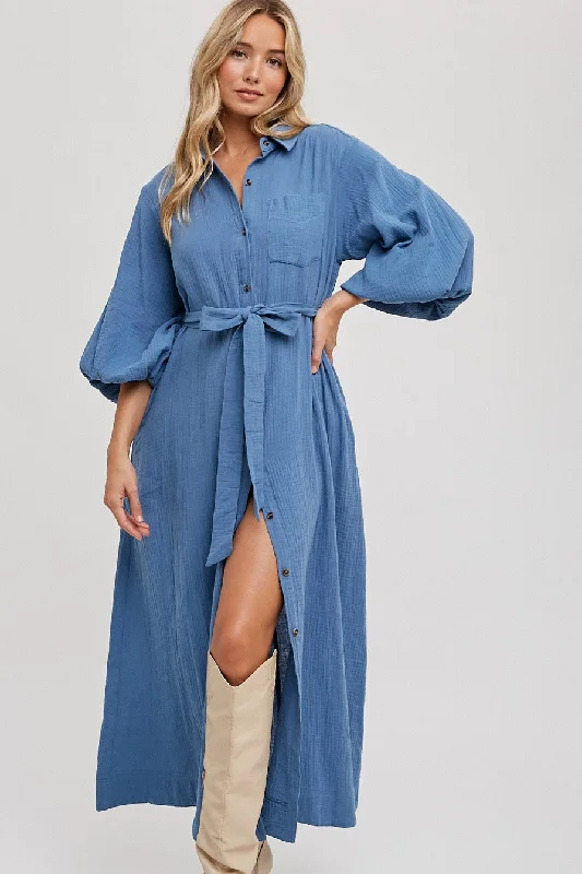 Women's shirt dress geo chic -Sung Light Women's Dresses Bubble Sleeve Belted Shirt