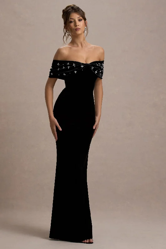 ladies-maxi-dress-shift-sweep-West End | Black Velvet Embellished Bardot Maxi Dress