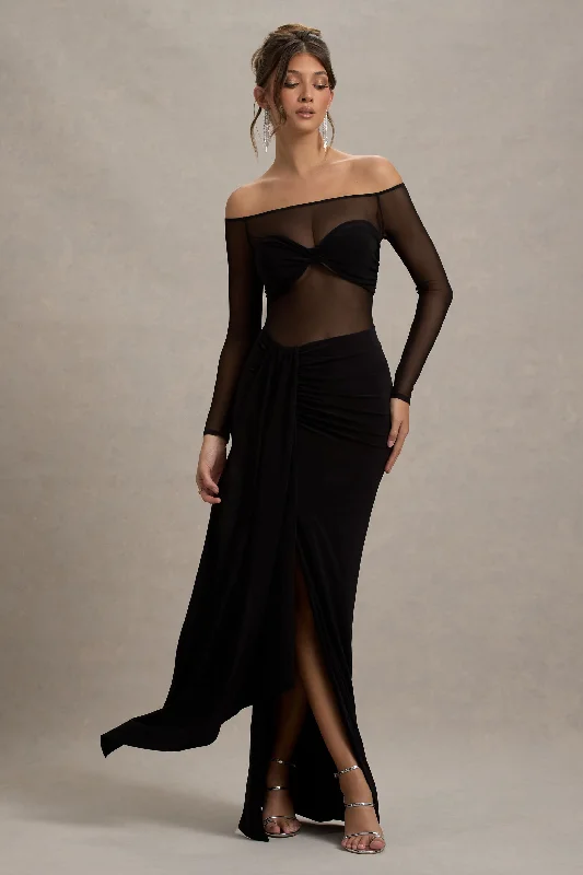 ladies-maxi-dress-eco-essence-Cover Star | Black Mesh Bardot Long-Sleeve Draped Maxi Dress