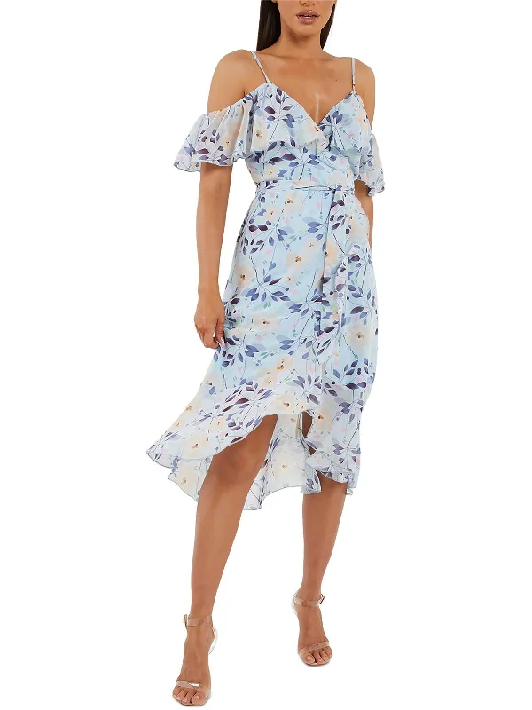 ladies-floral-dress-swingy-sage-Womens Floral Print Mid Calf Wrap Dress