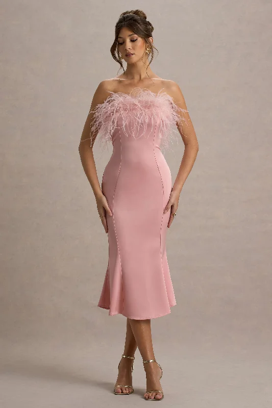 ladies-midi-dress-aqua-aura-One And Only | Light Pink Satin Feather Trim Bandeau Midi Dress