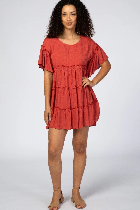 Women's mini dress cute twist -Rust Tiered Mini Dress