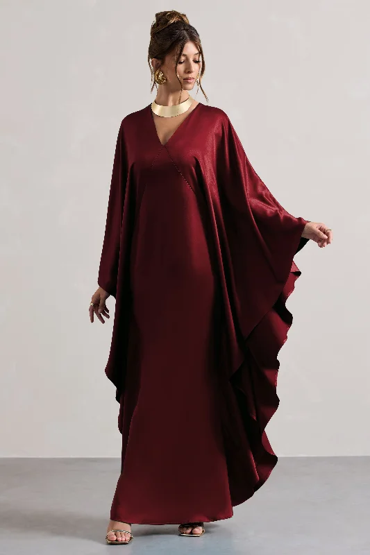 ladies-maxi-dress-stretchy-sweep-Alohi | Berry Satin Plunge Cape Maxi Dress