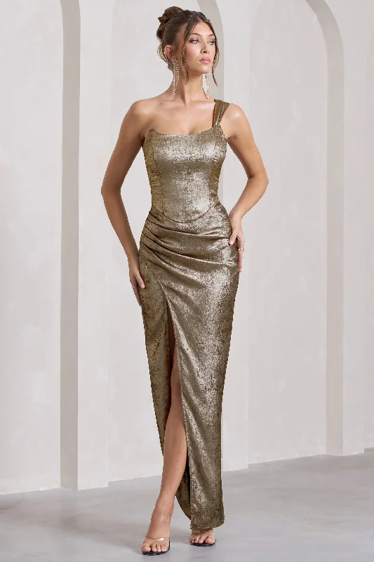 ladies-maxi-dress-social-sweep-Mercy | Gold Metallic One-Shoulder Corseted Wrap Maxi Dress