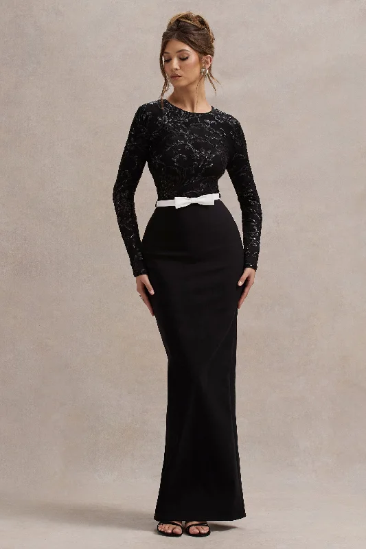 ladies-maxi-dress-youthful-yield-Zenith | Black Lace Long-Sleeve Maxi Dress