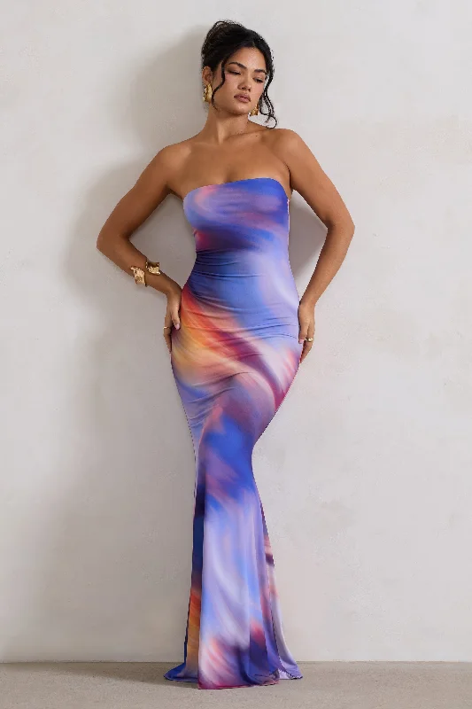 ladies-maxi-dress-denim-depth-Ceremony | Abstract Print Bandeau Fishtail Maxi Dress