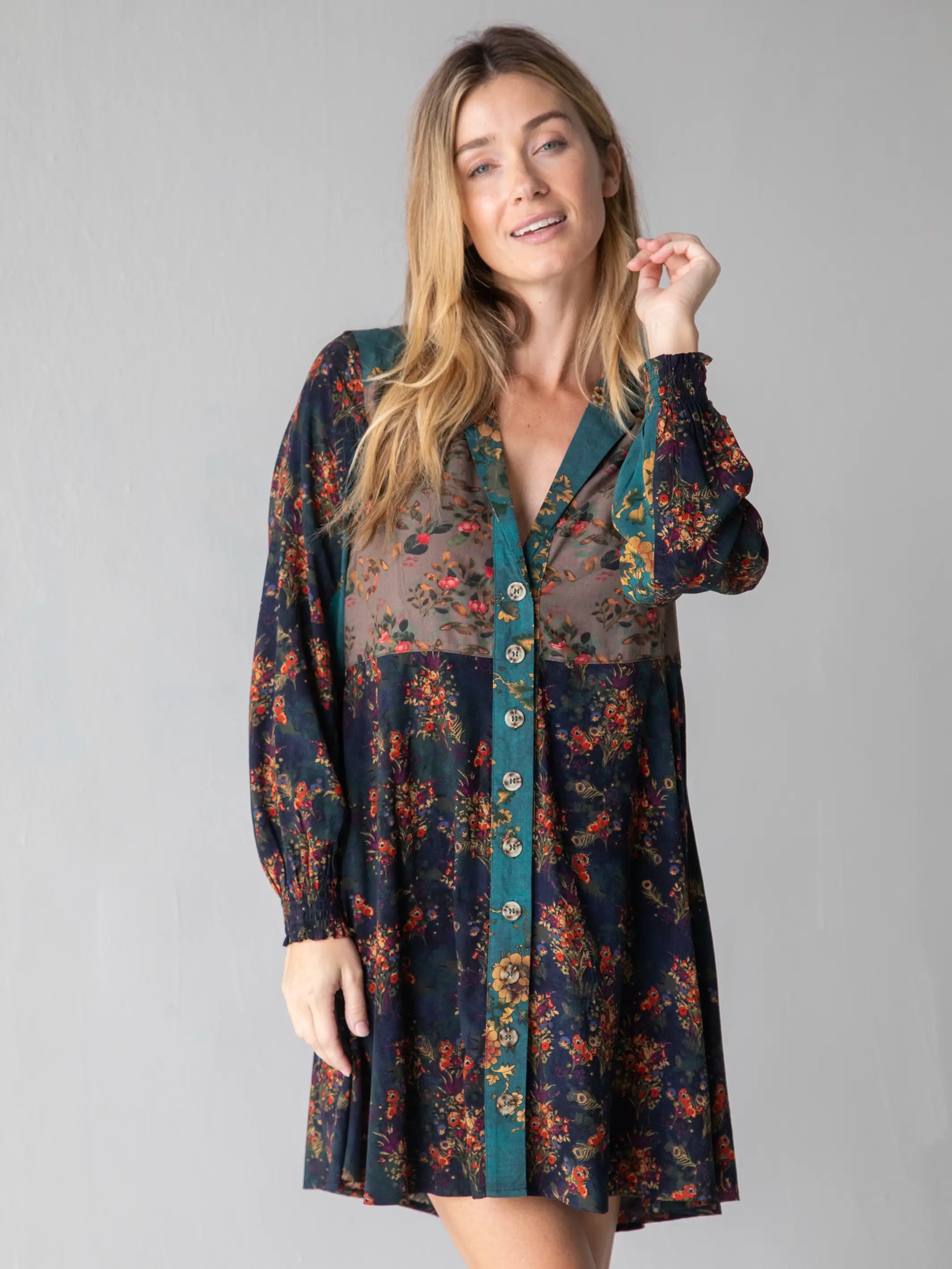 Women's shirt dress calm glow -Ansley Woven Tunic Shirt Dress - Grey Navy Teal Mix Floral