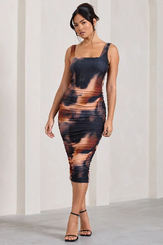 ladies-midi-dress-insta-illume-Lisbon | Orange Smoke Print Square Neck Ruched Midi Dress