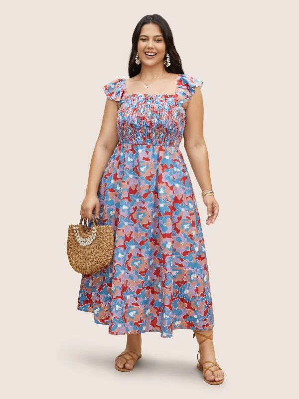 ladies-floral-dress-retro-roses-Multicolor Floral Textured Ruffle Trim Dress