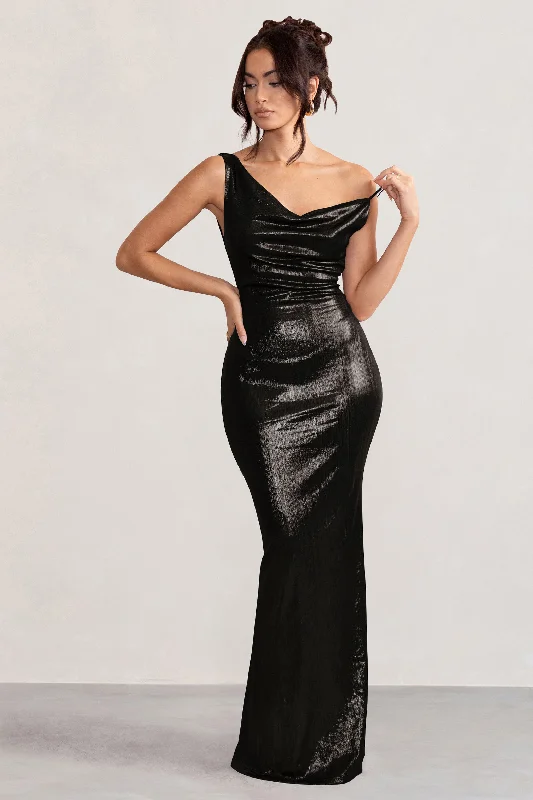 ladies-maxi-dress-wrap-wonder-Galaxy Shimmer | Black Bias Cut Cowl Front Maxi Dress